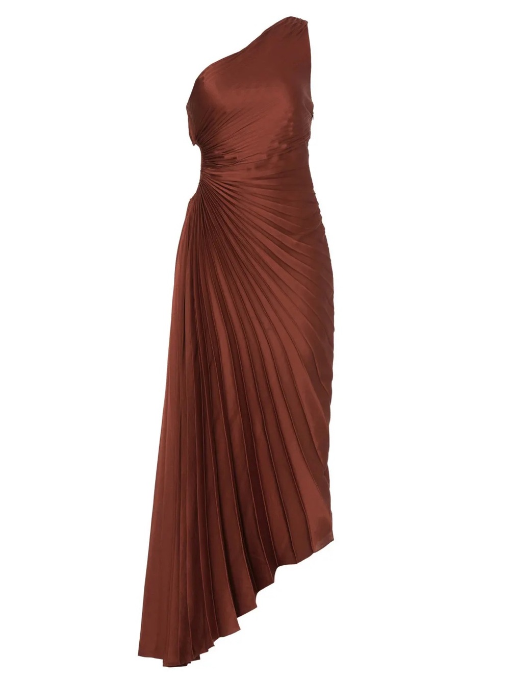 A.L.C. One-Shoulder Pleated Asymmetric Maxi Dress in Rust Brown